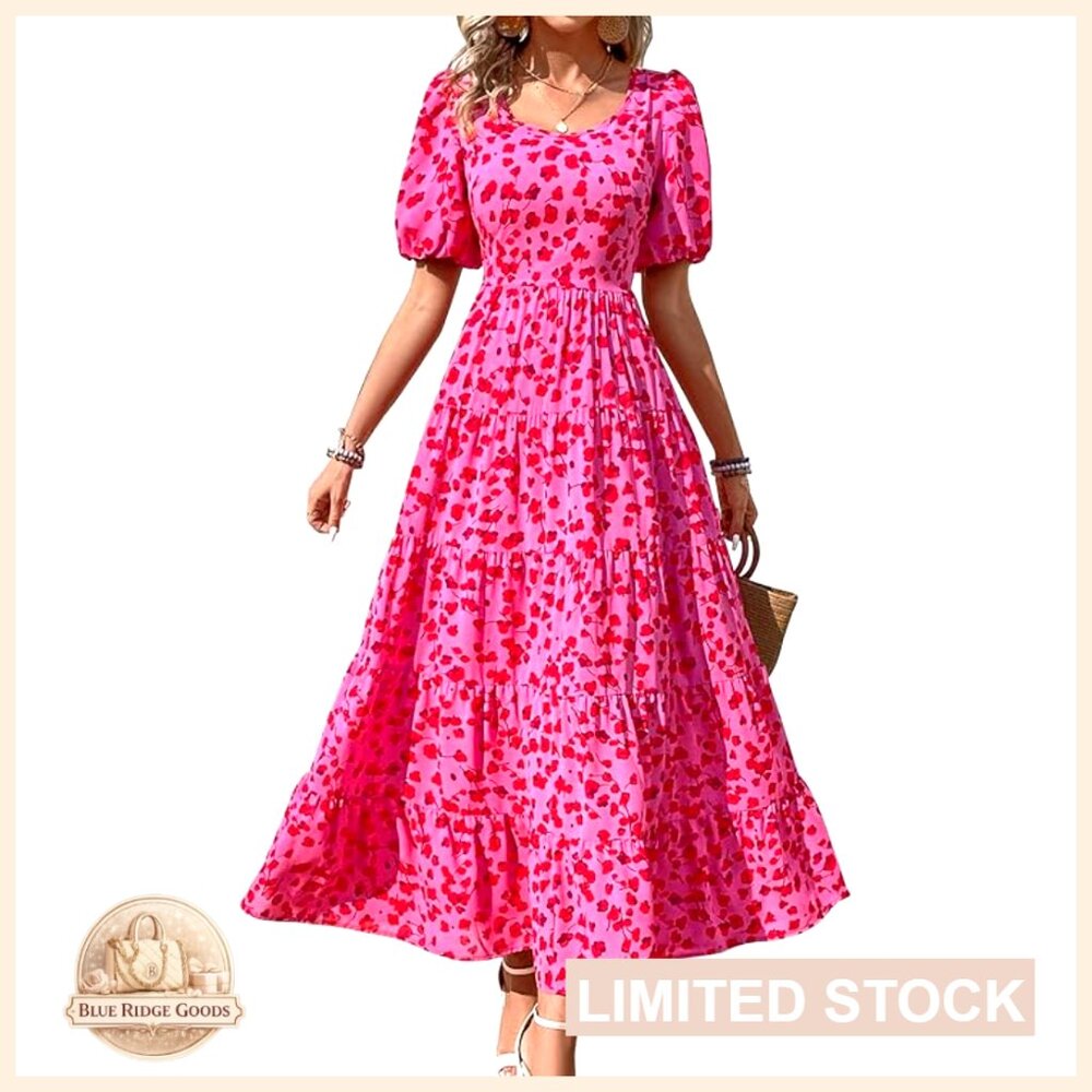 Floral Maxi Dress with Puff Sleeves Tiered Hem A-Line Wedding Guest Elegant